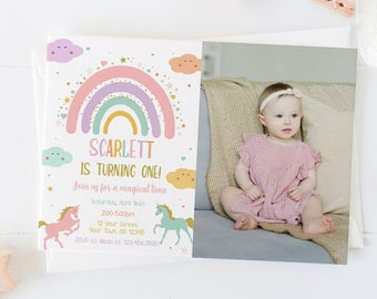 EDITABLE Printable Unicorns and Rainbows Photo Birthday Invitation, Magical Rainbow Birthday Evite, Unicorn and Rainbow Invitation Template