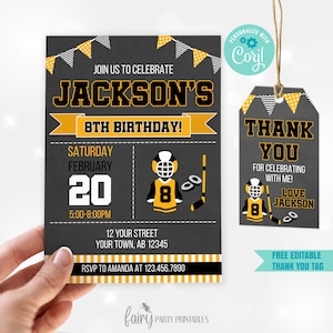 EDITABLE Hockey Birthday Invitation Template, Hockey Sports Invitation, Boy Hockey Birthday Invitation, Hockey Thank you Tags, Hockey Evite image 1