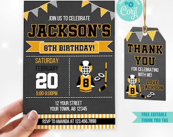 EDITABLE Hockey Birthday Invitation Template, Hockey Sports Invitation, Boy Hockey Birthday Invitation, Hockey Thank you Tags, Hockey Evite