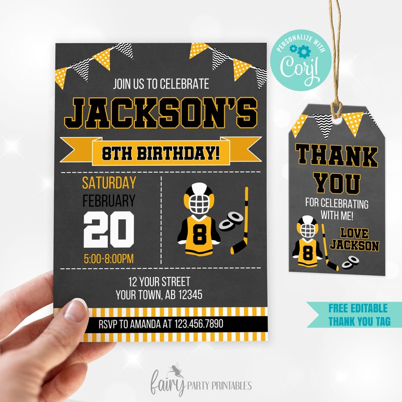 EDITABLE Hockey Birthday Invitation Template, Hockey Sports Invitation, Boy Hockey Birthday Invitation, Hockey Thank you Tags, Hockey Evite image 1