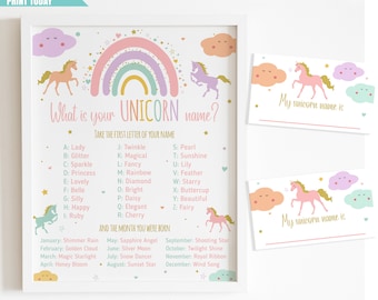 Printable Unicorn Name Birthday Game Sign, Rainbows and Unicorns Birthday Sign, What's Your Unicorn Name Game Sign INSTANT DOWNLOAD