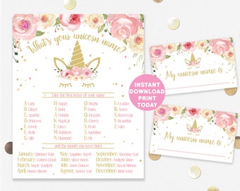 Printable Unicorn Name Birthday Game Sign, Rainbows and Unicorns Birthday Sign, What's Your Unicorn Name Game Sign INSTANT DOWNLOAD