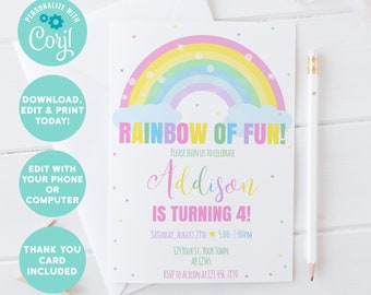 EDITABLE ANY AGE Printable Rainbow Birthday Invitation, Rainbow of Fun Girl Birthday Invitation Template, Rainbow Birthday editable Card