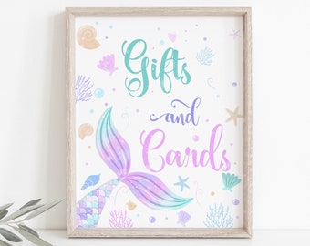 Printable Mermaids Gifts And Cards Table Sign, Mermaid Gifts Sign, Under the sea Birthday Gifts and Cards Table Decor