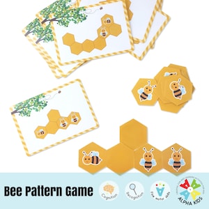 Cópia para impressão Atividade de aprendizagem do padrão de abelha, atividade para crianças com padrão de colmeia de abelha, jogos educativos divertidos DOWNLOAD INSTANTÂNEO