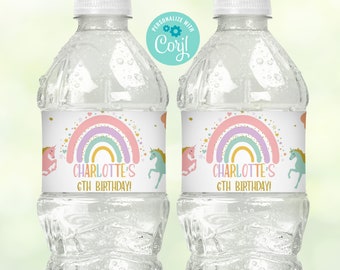 EDITABLE Printable Unicorns and Rainbows Water Bottle Labels Template, Water bottle favor label Template Unicorn water bottle labels