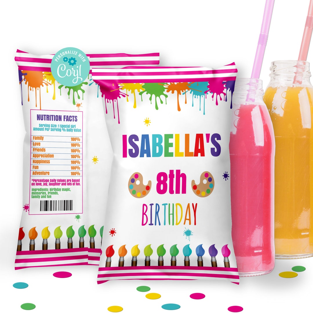 EDITABLE Painting Chips Bag Labels, Paint Birthday Party Chips Bag