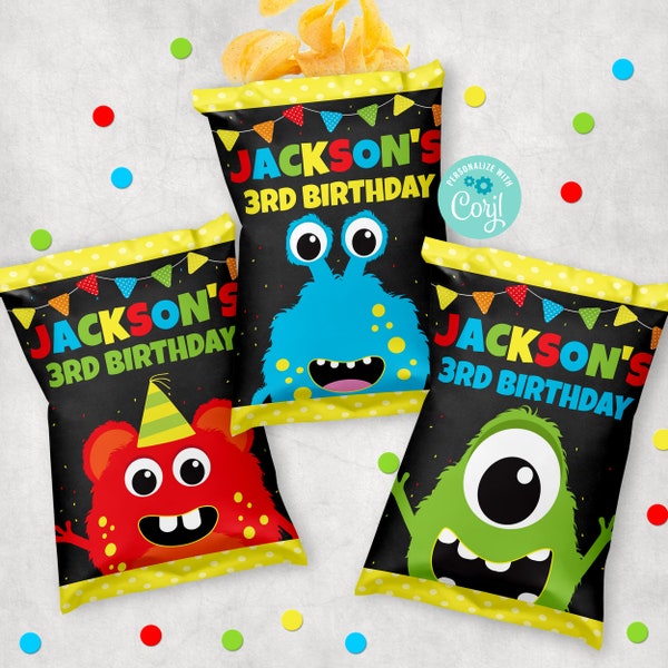 EDITABLE Monsters Chips Bag Labels, Monsters Birthday Party Chips Bag Favor Packet, Monsters Potato Chips Bag, Monsters Chips Bag Template