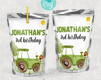 EDITABLE Green Tractor Capri Sun Labels, Juice Pouch Birthday Farm Tractor Corjl Label Template, Barnyard Green Tractor Juice Pouch Labels