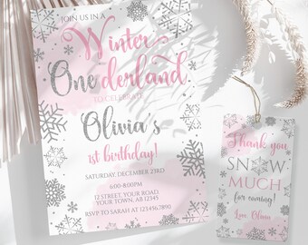 EDITABLE Winter ONEderland Birthday Invitation Girl 1st Birthday winter party, Thank you Snow much tags, Winter Girl Birthday Corjl Template