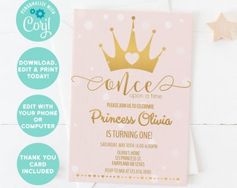 EDITABLE Printable Princess Invitation, Gold Pink Princess Birthday Invitation, Invitation Template, Little Princess Invite INSTANT DONWLOAD