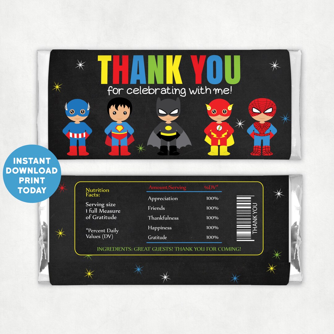Printable Superheroes Birthday Thank You Candy Bar Labels, Superheroes ...