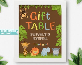 Printable Jungle Animals Gift Table Sign, Safari Animals Baby Shower Gift Table Sign, Wild Jungle Gift and cards Table Sign INSTANT DOWNLOAD