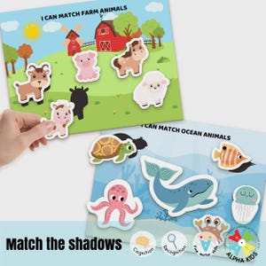 Druckbare Spiel die Schatten Aktivität, Tier Fahrzeuge Formen Obst Gemüse Schatten Spiel, Lernspiel, Schatten Erkennungsspiel