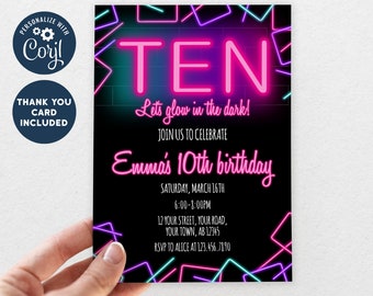 EDITABLE Printable Neon Pink Purple Girl 10th Birthday Invitation, Glow in the dark GirlTen Birthday Invitation, Girl 10th Birthday evite