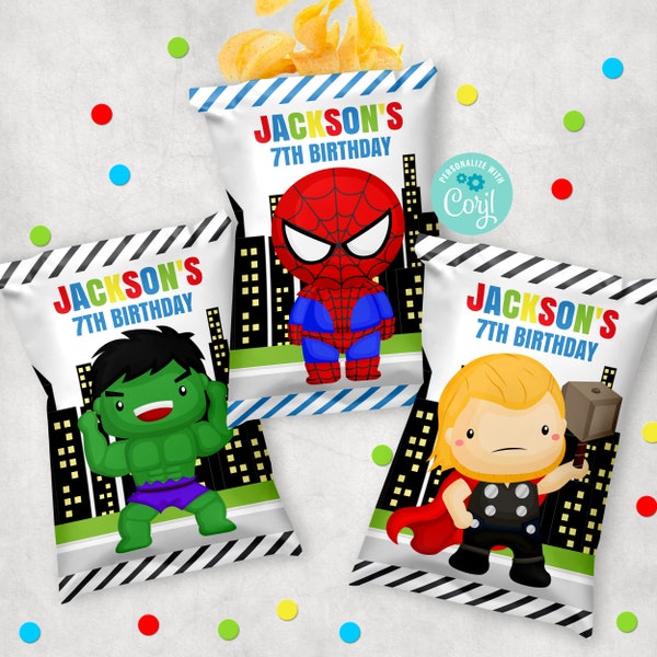 EDITABLE Superheroes Chips Bag Labels, Superhero Birthday Party Chips Bag Favor Packet, Superheroes Potato Chips Bag, Chips Bag Template