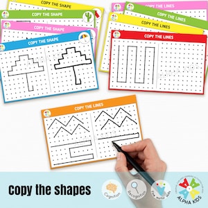 Atividade de aprendizagem de cópia de formas para impressão, atividade de ligar os pontos para crianças, copiar as linhas, jogos educativos divertidos, DOWNLOAD INSTANTÂNEO