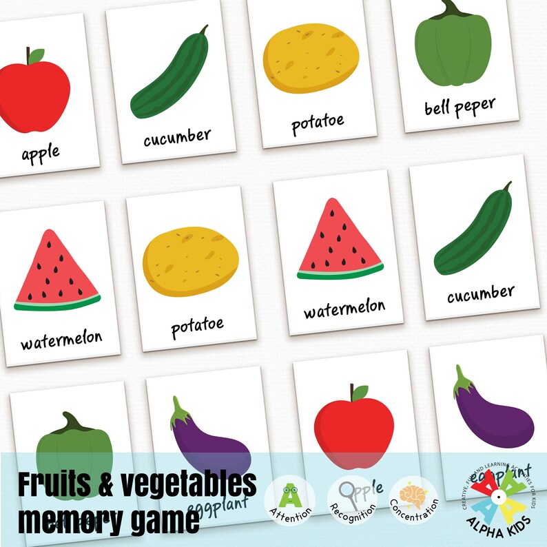 Printable Memory Game Cards, Matching Cards, Fruits and Vegetables ...