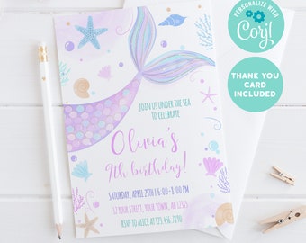 EDITABLE Mermaid Birthday Invitation, Mermaid Girl invitation, Mermaid Invitation Template, Mermaid Thank you card, INSTANT DOWNLOAD