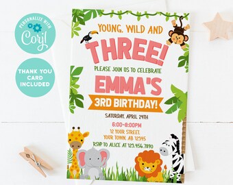 EDITABLE Printable Jungle Girl Birthday Invitation, Wild Birthday Invitation, Safari Invitation, Safari Animals, Editable Corjl template