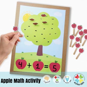 Atividade de matemática da Apple para impressão, atividade de contar as maçãs para crianças, atividade de adição e subtração, jogos educativos divertidos