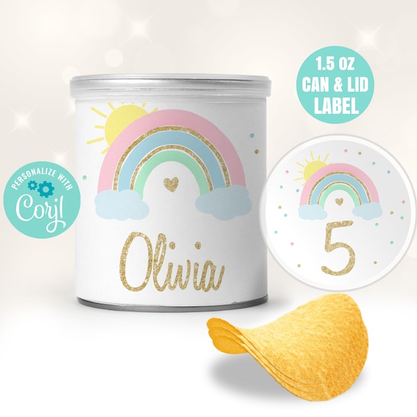 EDITABLE Printable Rainbow Chips Stack Label Template, Chips Can and Lid Gold Rainbow Labels, Rainbow 1.5 oz Chips Can Labels, Rainbow label