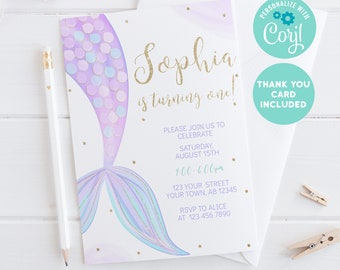 EDITABLE Mermaid Birthday Invitation, Mermaid Girl invitation, Mermaid Invitation Template, Mermaid Thank you card, INSTANT DOWNLOAD