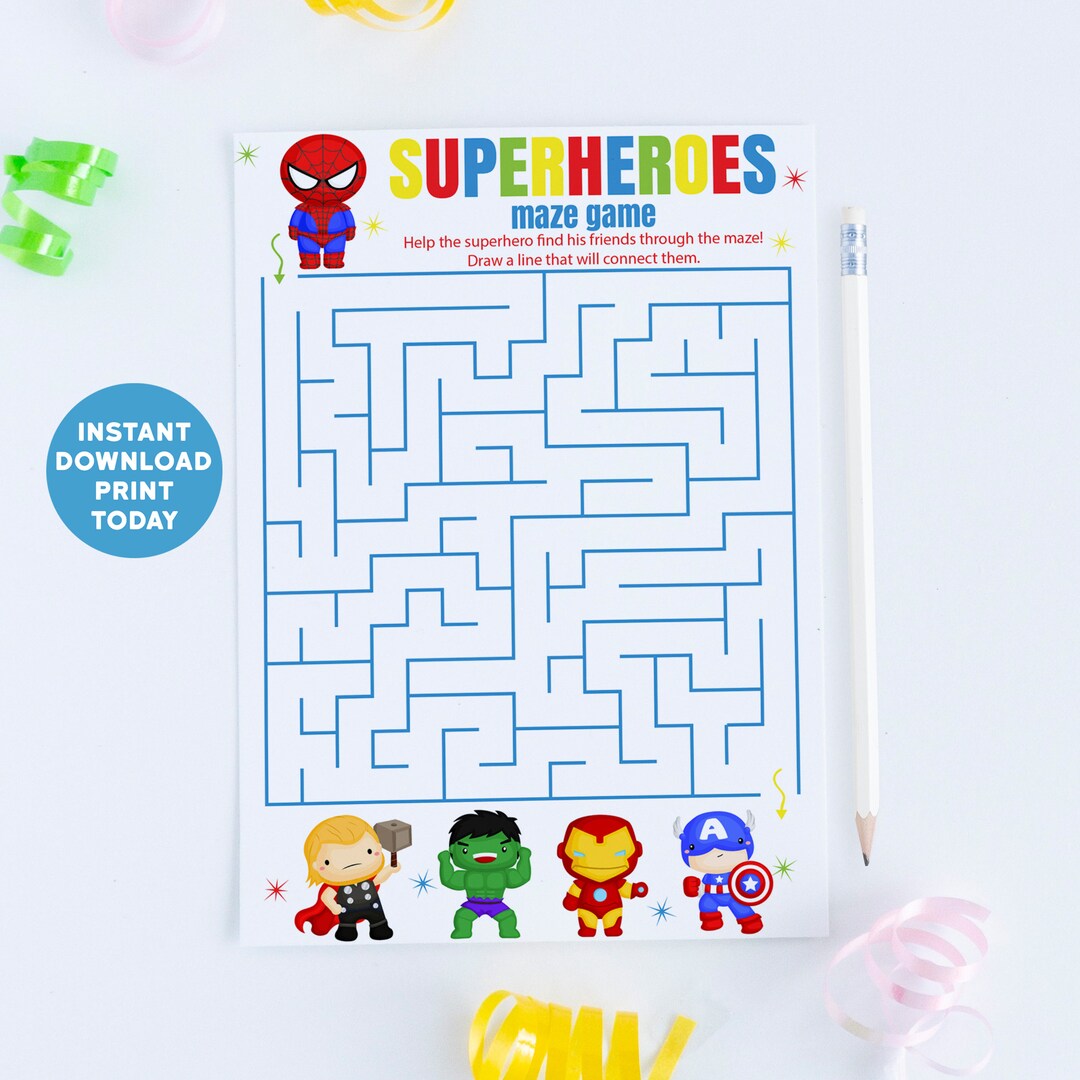 Printable Superheroes Birthday Maze Game, Birthday Party Superhero Maze ...