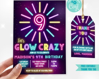 EDITABLE Printable Neon Girl Birthday Invitation, Glow in the dark Birthday Invitation, Let's Glow Crazy Birthday evite, Glow Thank you Tag