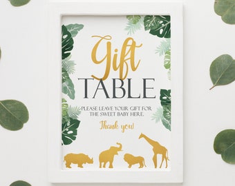Printable Gold Safari Animals Gift Table Sign, Gold Jungle Animals Baby Shower Decoration, Tropical Shower Gift Table Sign INSTANT DOWNLOAD