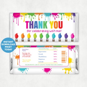 Printable Let&#39;s Paint Birthday Thank you Candy Bar Labels, Paint Artist Chocolate Bar Wrapper, Painting Thank you Favors INSTANT DOWNLOAD