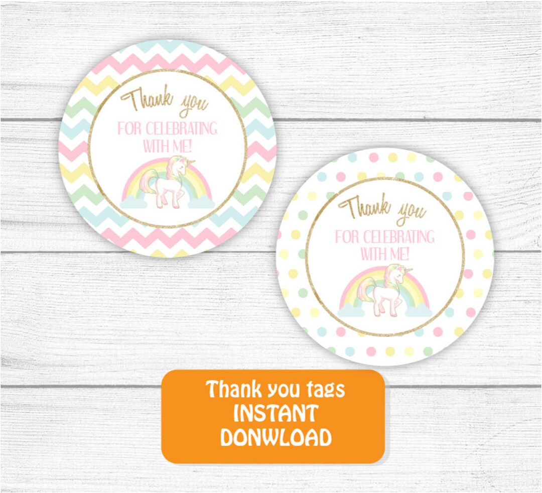 Printable Unicorn Thank You Tag, Gold Rainbow Unicorn Thank You Tag ...