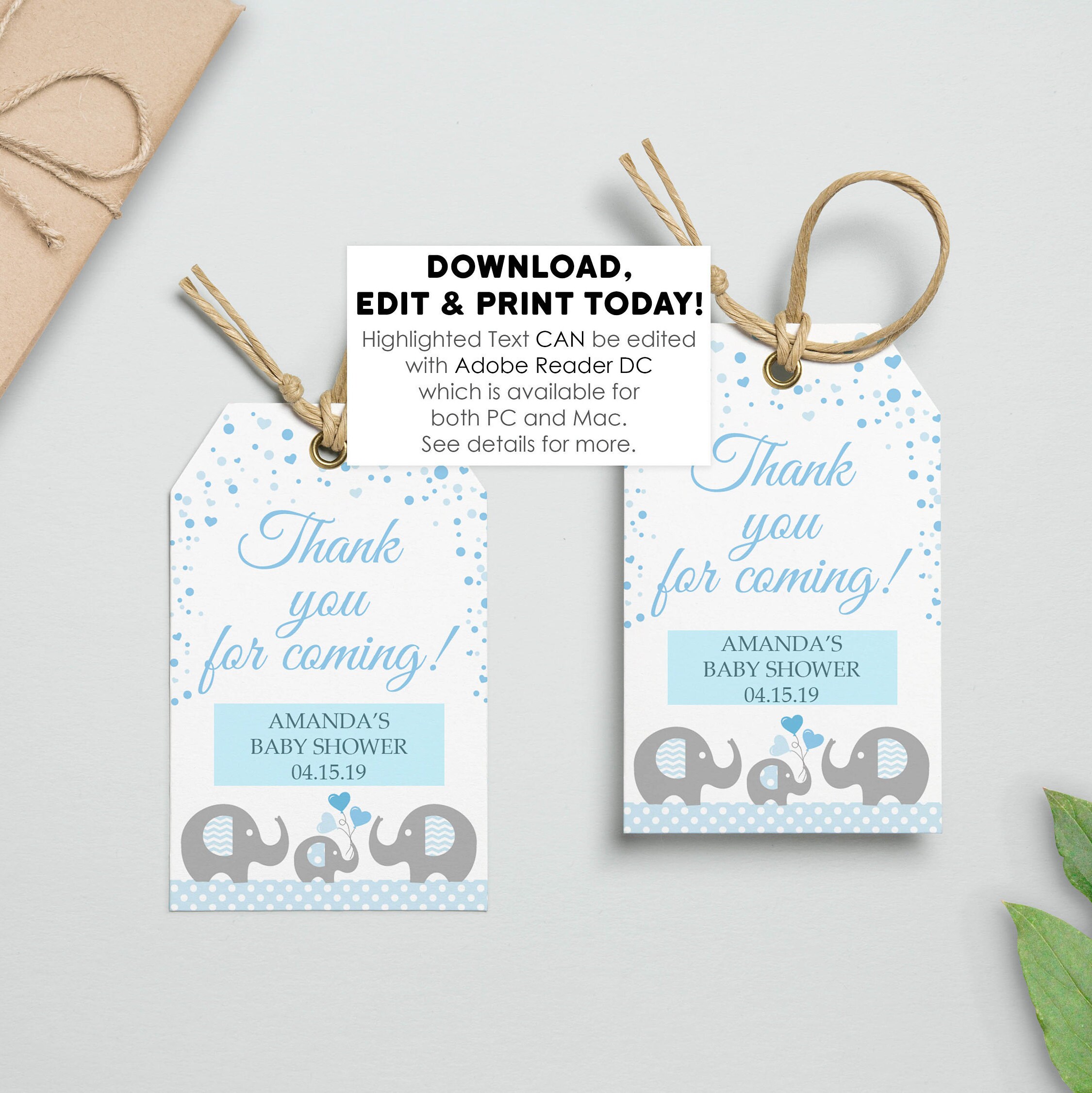EDITABLE Elephant Blue Baby Shower Favor Tags Printable Baby | Etsy