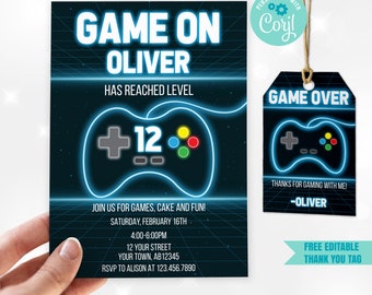 EDITABLE Printable Game On Boy Birthday Invitation, Neon Video Game Birthday Invitation, Video Game Level Up Invitation, Thank you Tags