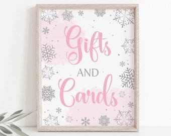 PRINTABLE Winter Baby Shower Gift Table Sign, Silver Snow Gifts and Cards Sign, Snowflake Gifts and cards Sign, Silver Pink Gift Table Sign