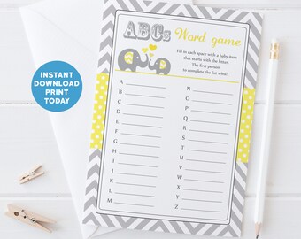 PRINTABLE Baby Shower Abc's Word Game, Yellow Elephant shower Abc's Word Game, Baby Shower Abc's Word, Elephant Printable Abc's Word Game