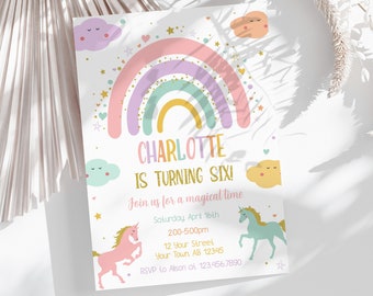 EDITABLE Printable Unicorns and Rainbows Birthday Invitation, Magical Rainbow Birthday Evite, Unicorn and Rainbow Invitation Template