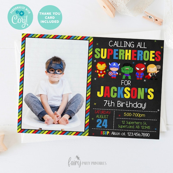 EDITABLE Superheroes Boy Photo Invitation, Printable Boys Photo Birthday Invitation Superhero, Superheroes Photo Invitation Template