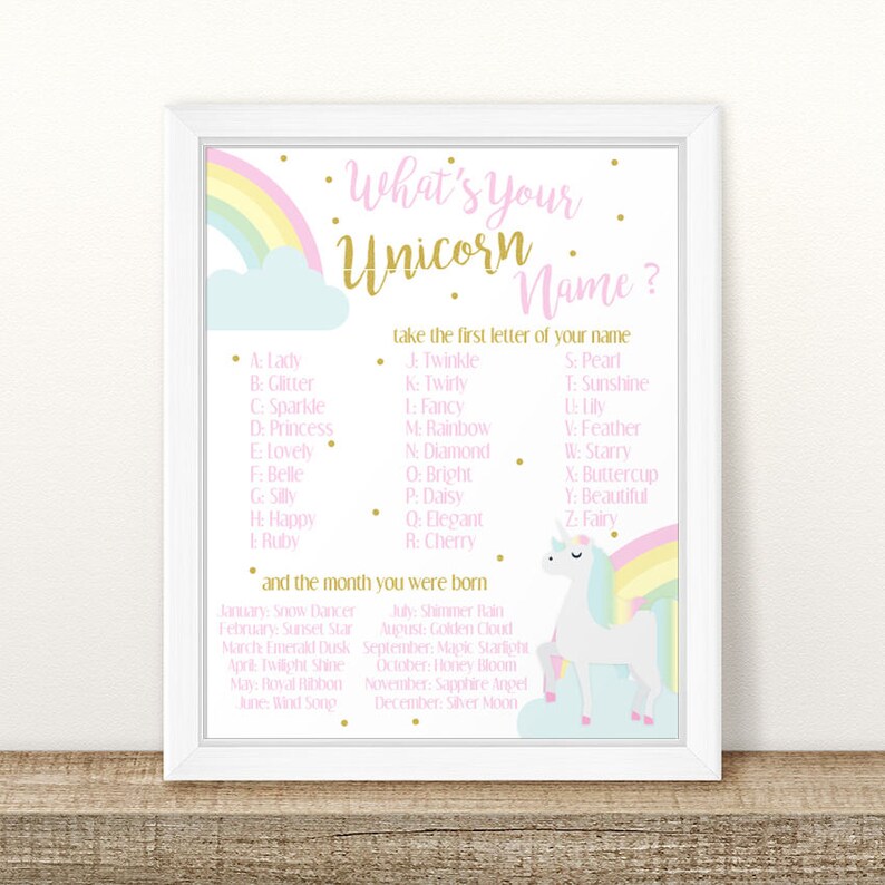 printable unicorn name birthday game sign rainbows and etsy