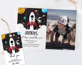 EDITABLE Outer Space Photo Birthday Invitation Template, Rocket Ship Astronaut Invite, Galaxy Blast Off Invitation, Space Rocket Invitation