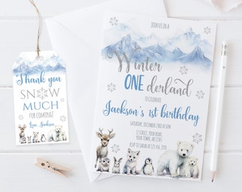 EDITABLE Winter ONEderland Birthday Invitation, Boy 1st Birthday winter party, Thank you Snow much tags, Boy Wonderland 1st Birthday Party