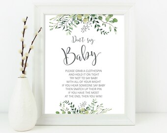 Printable Greenery Don't Say Baby Shower Game, Greenery Eucalyptus Baby Shower Don't Say Baby, Botanic baby shower game INSTANT DOWNLOAD