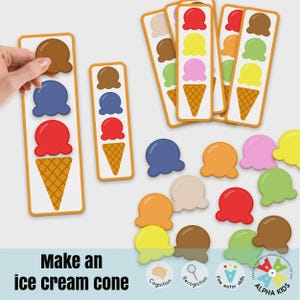 Imprimível Faça um cone de sorvete, Atividade de cone de sorvete, Faça um cone de sorvete Atividade para crianças, Jogos educativos divertidos de reconhecimento de cores