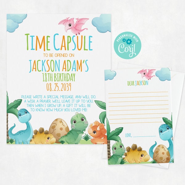 EDITABLE Dinosaurs Time Capsule First Birthday Dinosaur Boy Time Capsule Sign and Note Card Dinosaur Baby Time Capsule