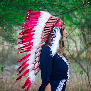 Indian Headdress Replica 90cm, Chief Headdress W Real Red & White ...