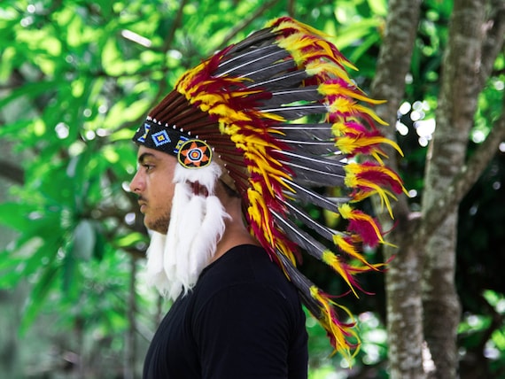 Feather Headdress Native American Indian Style ADJUSTABLE Red Duck 