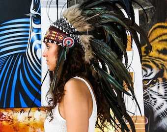 Indischer Kopfschmuck Replica - 75cm, Chief Kopfschmuck w echten schwarze Federn, von Hand aus Native American Art Kostüm / Krieg Mütze Hut