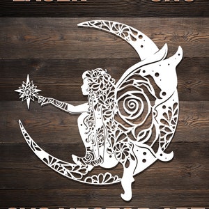 Fée sur la lune Rose Mandala fichier SVG - Laser, CNC, Cricut