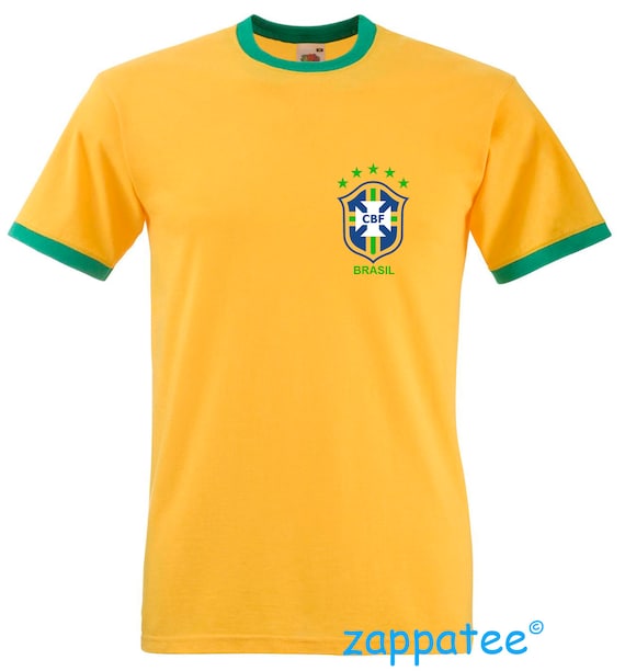 Retro Brazil T Shirt - Slim fitting BRASIL ringer football tee in Yellow OR Blue