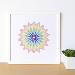 Hand embroidered paper tableau rainbow rosette pattern.mandala.wall art.contemporary textile design.craft graphic embroidery.modern decor